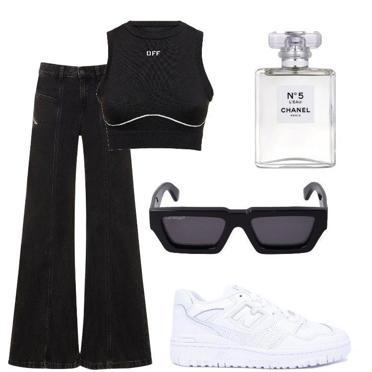 Outfit donna - black & white. Stile Urban per Tutti i giorni. Abbinamento con profumi, sneakers, occhiali da sole, top, jeans.
