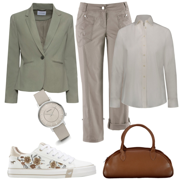 Outfit donna - Al lavoro. Stile Casual chic per Ufficio. Abbinamento con blazer, sneakers, pantaloni capri, orologi, camicie, borse a spalla.