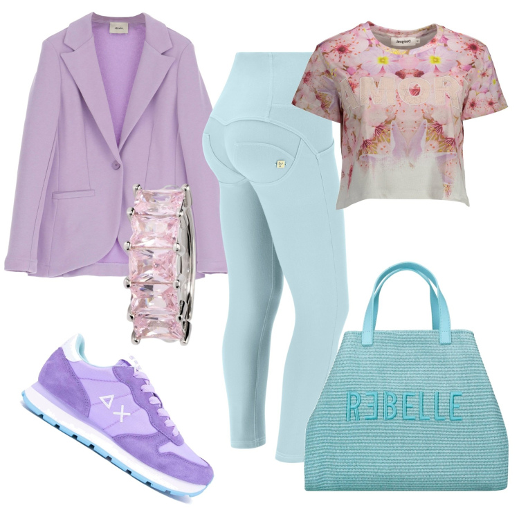 Outfit donna - Colorful. Stile Casual per Tutti i giorni. Abbinamento con anelli, pantaloni skinny, blazer, sneakers, shopping bag, t-shirt.