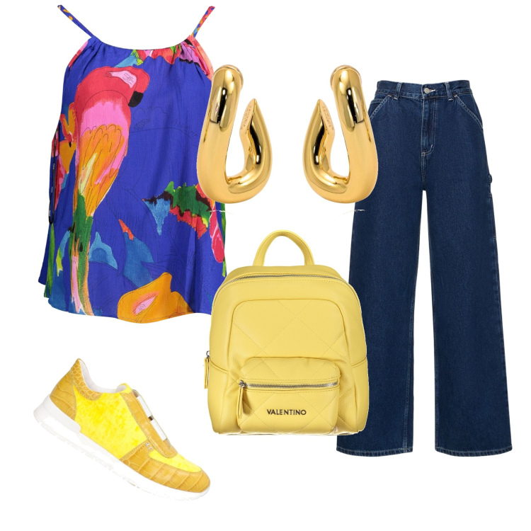 Outfit donna - Colorful. 2. Stile Casual per Tutti i giorni. Abbinamento con sneakers, orecchini, canottiere, pantaloni, zaini.