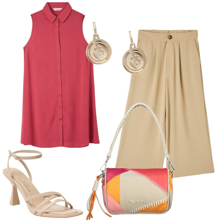 Outfit donna - Caldo ti aspetto. Stile Casual chic per Ufficio. Abbinamento con pantaloni a palazzo, camicie, sandali col tacco, orecchini, borse a spalla.