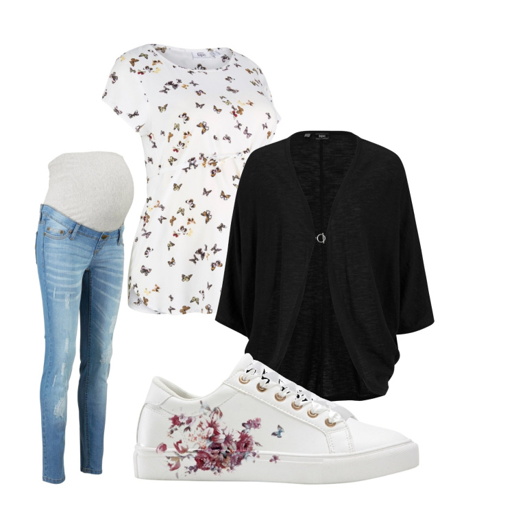 Outfit donna - Farfalle nella pancia. Stile Casual per Tutti i giorni. look ideale per Premaman. Abbinamento con cardigans, sneakers, bluse, jeans skinny.