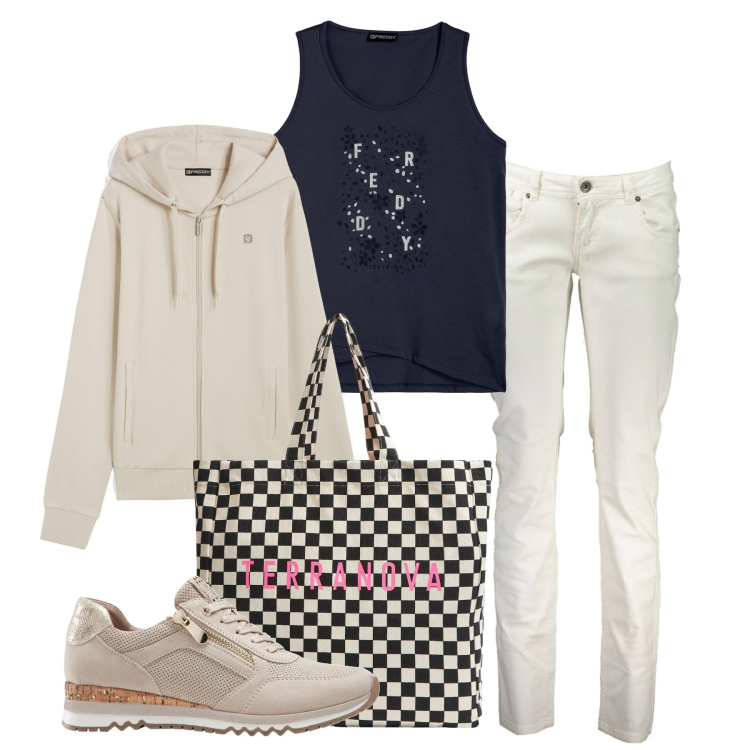 Outfit donna - City city. Stile Basic per Tutti i giorni. Abbinamento con sneakers, shopping bag, felpe con cappuccio, canottiere, pantaloni.