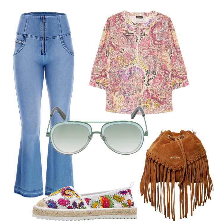 Outfit donna - Coachella festival. Stile Boho per Serata fuori. Abbinamento con espadrillas, borse a secchiello, jeans a zampa, bluse, occhiali da sole.