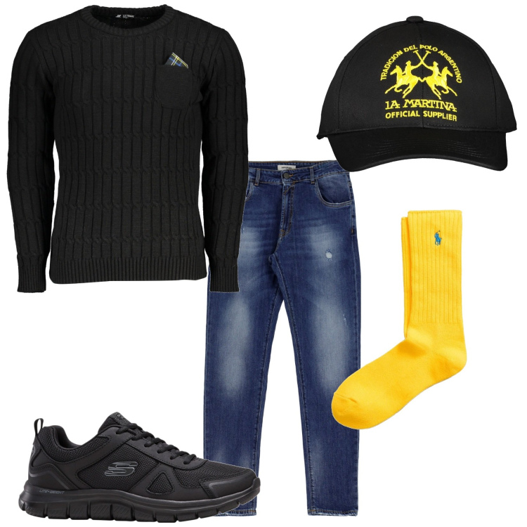 Outfit uomo - Total look #1856028. Stile Urban per Tutti i giorni. Abbinamento con sneakers, jeans slim fit, calzini, maglieria, cappelli con visiera.