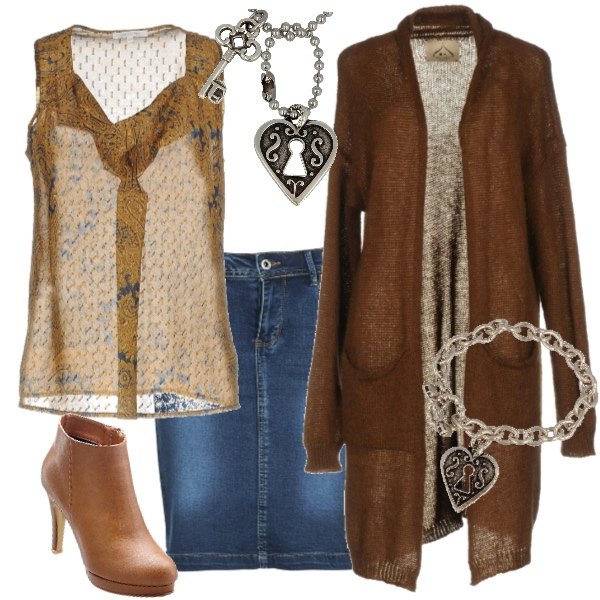 Outfit donna - La chiave del cuore rock!!!. Stile Trendy per Serata fuori. Abbinamento con tronchetti con plateau e zip marrone, cardigan lavorato a maglia scollatura profonda a maniche lunghe in mohair tinta unita, top con drappeggio fantasia con perline scollatura senza maniche jacquard, gonna blu, bracciale con cuore 100% nichel fatto a mano, collana con cuore 100% nichel fatto a mano.