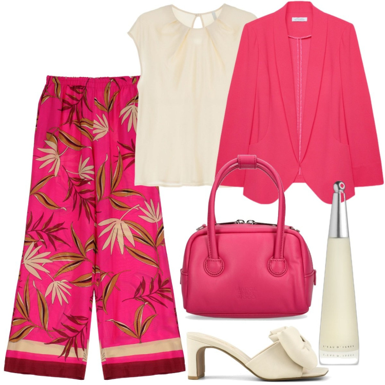 Outfit donna - I pantaloni palazzo rosa fucsia-curvy. Stile Casual chic per Serata fuori. Abbinamento con pantaloni, top, profumi, sandali col tacco, blazer, borse a mano.