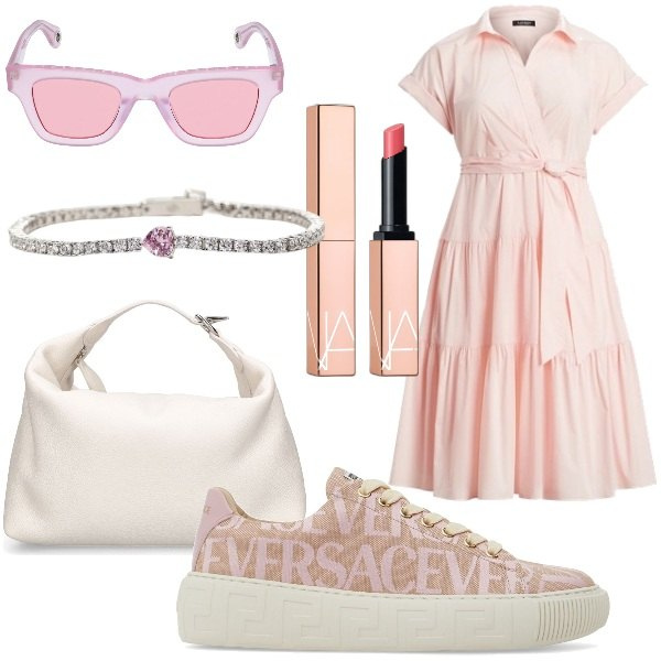 Outfit donna - Colorful sneakers! Pink. Stile Glamour per Cerimonia. Abbinamento con rossetti, braccialetti, vestiti, sneakers, occhiali da sole, borse a mano.