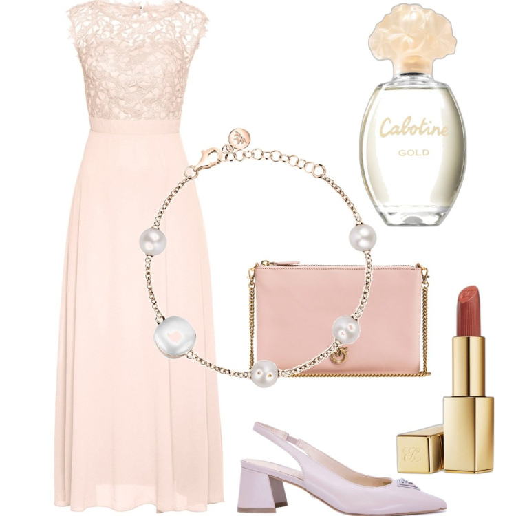 Outfit donna - Il vestito rosa perla curvy e plus size. Stile Chic per Cerimonia. Abbinamento con vestiti lunghi, braccialetti, rossetti, profumi, borse a tracolla, décolleté.