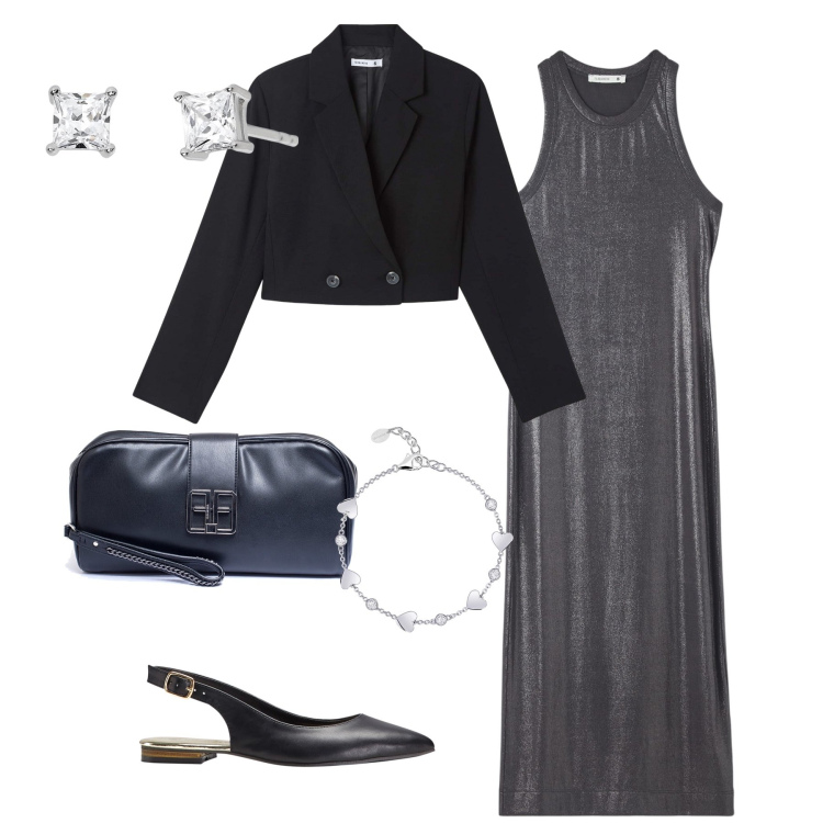 Outfit donna - Serata rasoterra , ma chic. Stile Chic per Serata fuori. Abbinamento con ballerine, vestiti midi/longuette, blazer, orecchini, braccialetti, pochette.