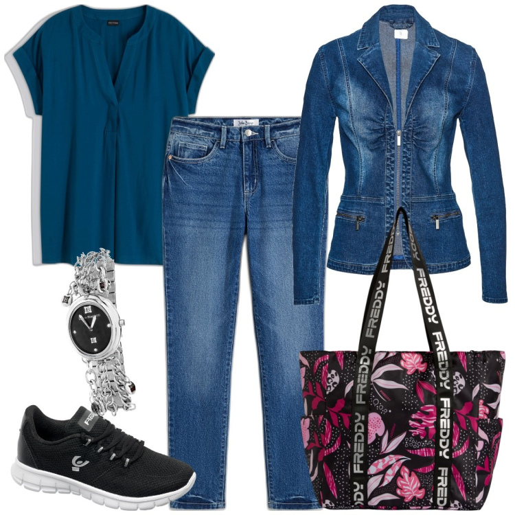 Outfit donna - Tutti i giorni curvy style. Stile Basic per Tutti i giorni. Abbinamento con orologi, bluse, jeans slim fit, blazer, sneakers, shopping bag.