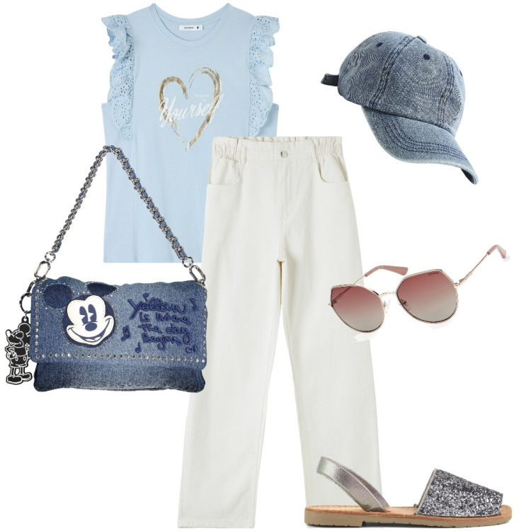 Outfit donna - Borsa e cappellino in denim. Stile Basic per Tutti i giorni. Abbinamento con pantaloni, t-shirt, cappelli, sandali, borse a spalla, occhiali da sole.
