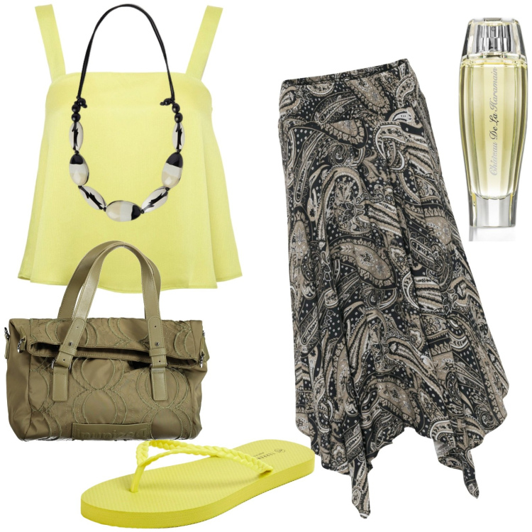 Outfit donna - Gonna asimmetrica. Stile Etnico per Tutti i giorni. Abbinamento con gonne longuette, profumi, infradito, top, borse a spalla, collane.