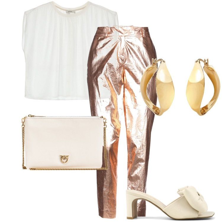 Outfit donna - Il pantalone gold. Stile Glamour per Serata fuori. Abbinamento con pantaloni, orecchini, top, borse a tracolla, sandali col tacco.