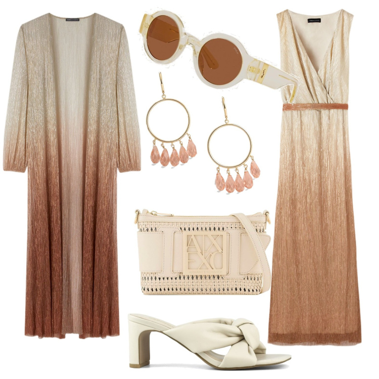 Outfit donna - Completo. Stile Romantica per Tutti i giorni. Abbinamento con occhiali da sole, orecchini, sandali col tacco, vestiti lunghi, cardigans, borse a tracolla.