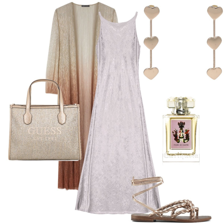 Outfit donna - L’abito lilla. Stile Etnico per Serata fuori. Abbinamento con orecchini, profumi, vestiti lunghi, sandali, cardigans, shopping bag.