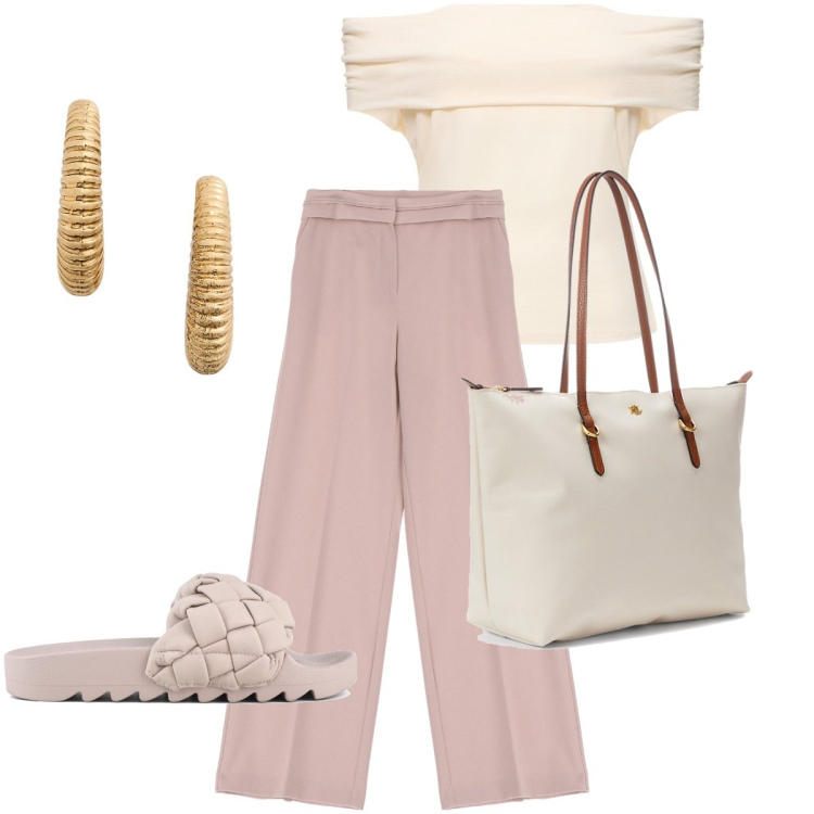 Outfit donna - Le ciabattine rosa cipria. Stile Bon Ton per Tutti i giorni. Abbinamento con pantaloni, borse tote, orecchini, ciabatte, top.