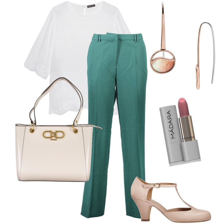 Outfit donna - Il verde acqua. Stile Bon Ton per Ufficio. Abbinamento con décolleté, orecchini, rossetti, pantaloni, bluse, borse a spalla.