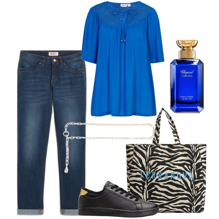 Outfit donna - Tutti i giorni curvy style. Stile Basic per Tutti i giorni. Abbinamento con tuniche, jeans dritti, sneakers, profumi, borse tote, collane.
