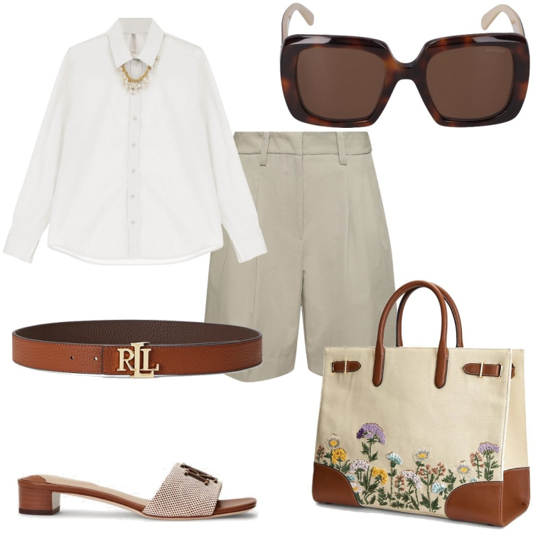 Outfit donna - Total look #1856104. Stile Casual chic per Tutti i giorni. Abbinamento con camicie, cinture, borse tote, sandali col tacco, shorts, occhiali da sole.