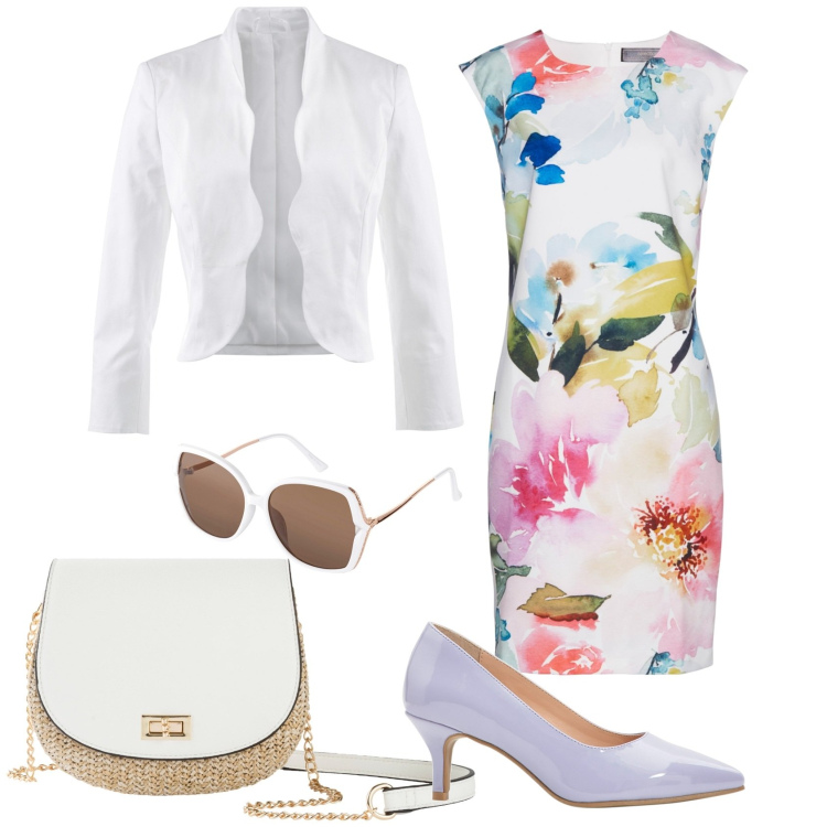 Outfit donna - La cerimonia lowcost in Aprile. Stile Casual chic per Cerimonia. Abbinamento con blazer, borse a tracolla, vestiti a tubino, décolleté, occhiali da sole.