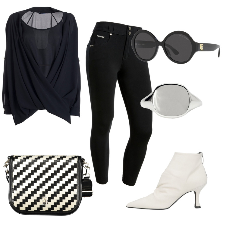 Outfit donna - La tracolla b/n. Stile Casual chic per Serata fuori. Abbinamento con stivaletti, anelli, bluse, pantaloni skinny, occhiali da sole, borse a tracolla.