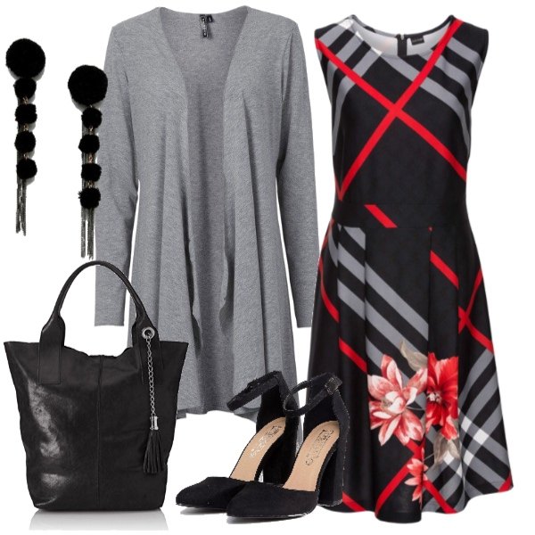 Outfit donna - Tartan e fiori. Stile Bon Ton per Ufficio. Abbinamento con vestiti, cardigans, scarpe con tacco largo a punta, shopping bag tote nero, orecchini pendenti con nappine nero.