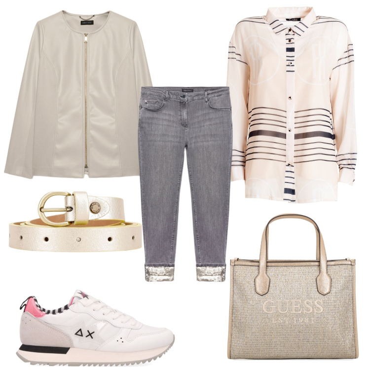 Outfit donna - Stargirl. Stile Casual chic per Ufficio. Abbinamento con camicie, cinture, sneakers, jeans skinny, shopping bag, blazer.