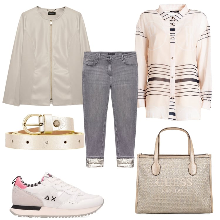 Outfit donna - Stargirl. Stile Casual chic per Ufficio. Abbinamento con camicie, cinture, sneakers, jeans skinny, shopping bag, blazer.
