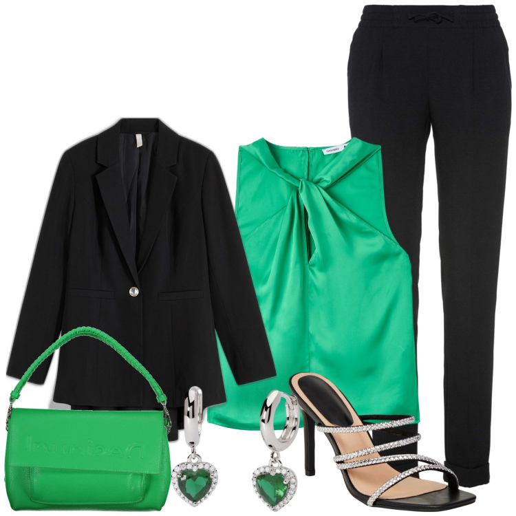 Outfit donna - Cena fuori. Stile Chic per Serata fuori. Abbinamento con pantaloni, blazer, top, sandali col tacco, orecchini, borse a spalla.