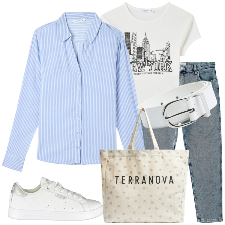 Outfit donna - In città. Stile Casual per Tutti i giorni. Abbinamento con camicie, jeans mom, t-shirt, cinture, shopping bag, scarpe sportive.