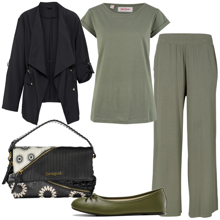Outfit donna - In verde. Stile Casual per Tutti i giorni. Abbinamento con pantaloni, maglieria, ballerine, blazer, borse a spalla.