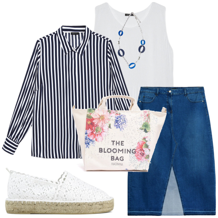 Outfit donna - Borsa fiorata. Stile Casual per Tutti i giorni. Abbinamento con borse tote, espadrillas, gonne lunghe, top, camicie, ciondoli.