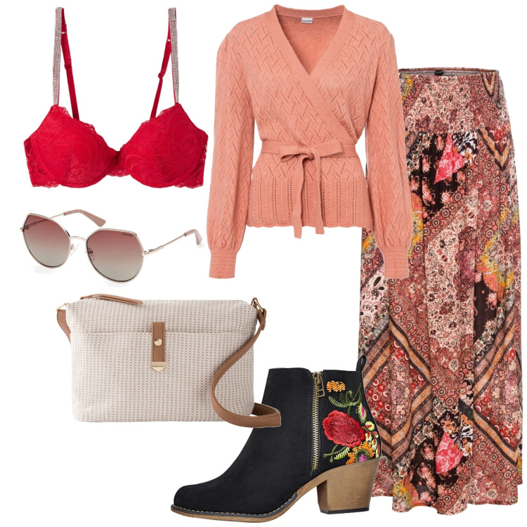 Outfit donna - Belli e comodi stivaletti texani. Stile Etnico per Tutti i giorni. Abbinamento con stivaletti, gonne, borse a tracolla, maglieria, reggiseni a balconcino, occhiali da sole.