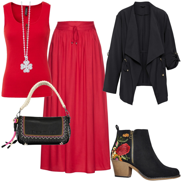Outfit donna - Total look #1856155. Stile Casual per Tutti i giorni. Abbinamento con gonne lunghe, top, stivaletti, blazer, collane, borse a spalla.