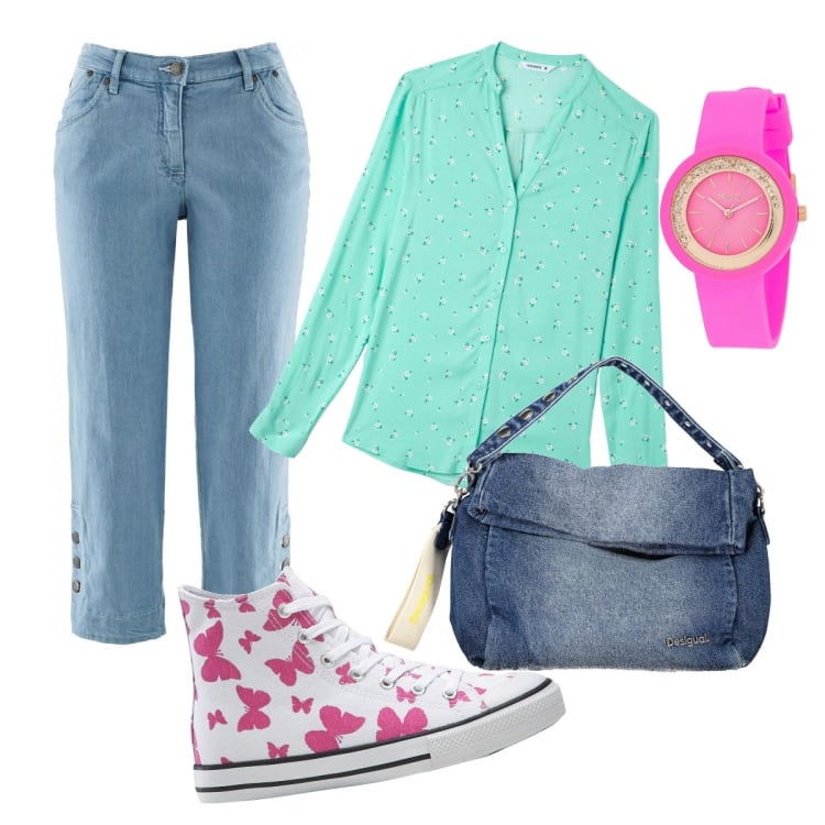 Outfit donna - Sneakers primaverili. Stile Casual per Tutti i giorni. Abbinamento con jeans, sneakers alte, orologi, camicie, borse a spalla.