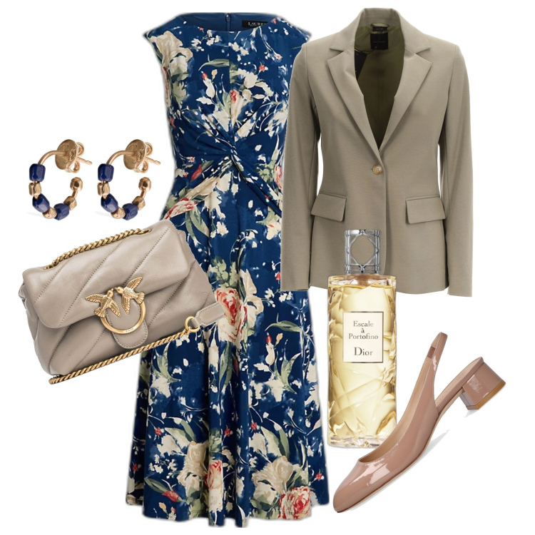 Outfit donna - Pranzo a Portofino. Stile Bon Ton per Serata fuori. Abbinamento con profumi, vestiti, orecchini, décolleté, borse a tracolla, blazer.