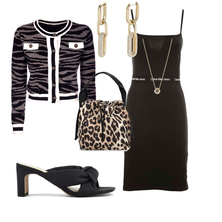 Outfit donna - Glamour chic serata. Stile Glamour per Serata fuori. Abbinamento con collane, orecchini, cardigans, sandali col tacco, vestiti corti, borse a mano.