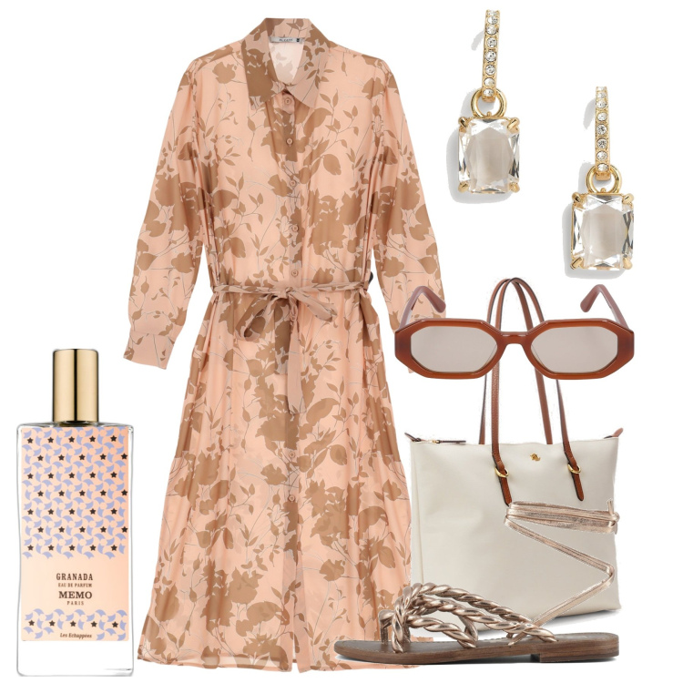 Outfit donna - Una giornata luminosa. Stile Chic per Tutti i giorni. Abbinamento con profumi, vestiti midi/longuette, borse tote, orecchini, sandali, occhiali da sole.
