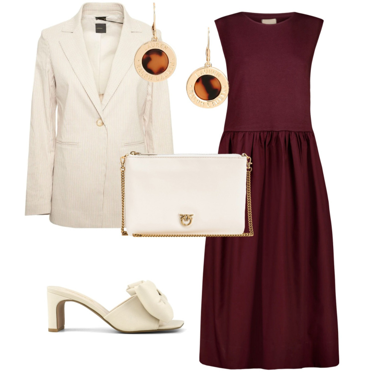 Outfit donna - Chic per una sera a cena. Stile Chic per Serata fuori. Abbinamento con borse a tracolla, orecchini, sandali col tacco, vestiti midi/longuette, blazer.