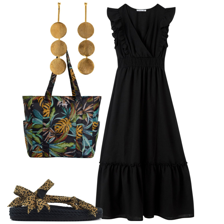 Outfit donna - City. Stile Basic per Tutti i giorni. Abbinamento con vestiti lunghi, shopping bag, sandali, orecchini.