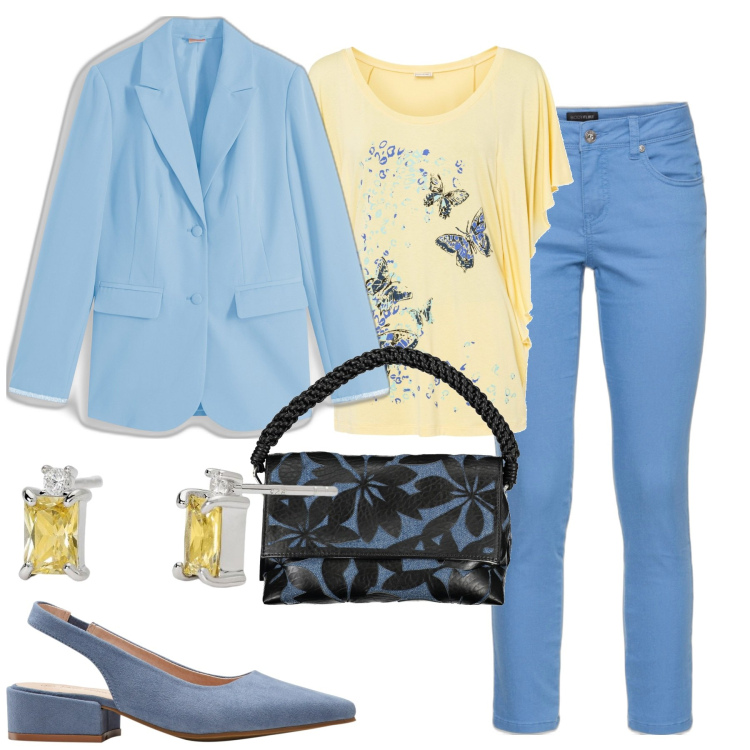 Outfit donna - City. Stile Basic per Tutti i giorni. Abbinamento con décolleté, pantaloni, maglieria, blazer, orecchini, borse a spalla.