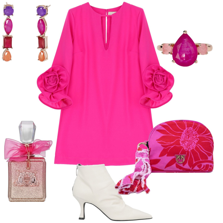 Outfit donna - Glamour evento speciale. Stile Glamour per Serata fuori. Abbinamento con stivaletti, profumi, anelli, orecchini, vestiti corti, valigie.