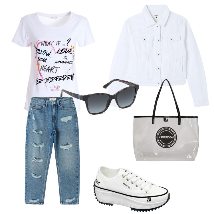 Outfit donna - In jeans. Stile Casual per Scuola/Università. Abbinamento con jeans mom, blazer, t-shirt, shopping bag, sneakers, occhiali da sole.
