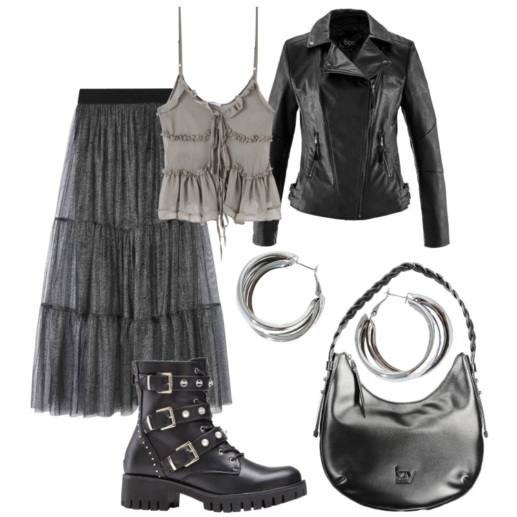 Outfit donna - Romantica dall’anima rock. Stile Rock per Serata fuori. Abbinamento con blazer, stivaletti, orecchini, gonne, top, borse a spalla.