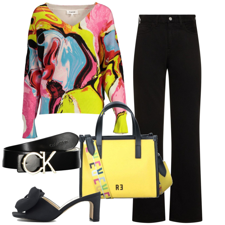 Outfit donna - City. Stile Casual chic per Tutti i giorni. Abbinamento con sandali col tacco, maglieria, jeans dritti, cinture, borse a tracolla.