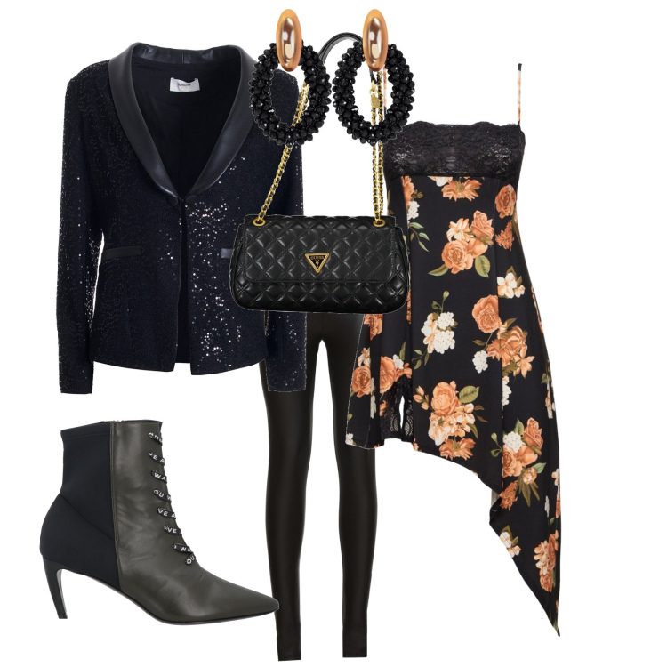 Outfit donna - Romantica chic serata speciale. Stile Romantica per Serata fuori. Abbinamento con treggings, stivaletti, orecchini, blazer, vestiti asimmetrici, borse a spalla.