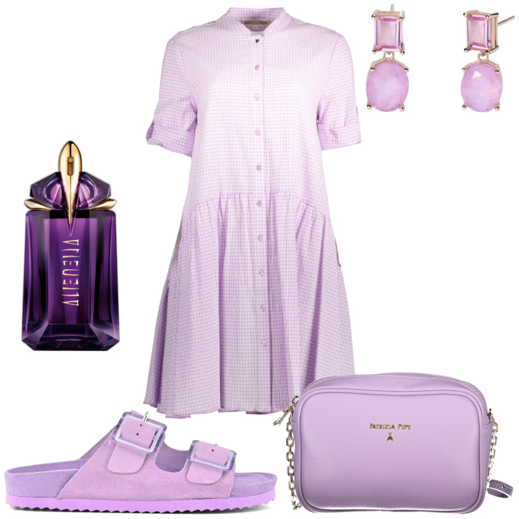 Outfit donna - Un vestito per il pranzo a casa del mare. Stile Romantica per Tutti i giorni. Abbinamento con profumi, orecchini, sandali, vestiti corti, borse a tracolla.