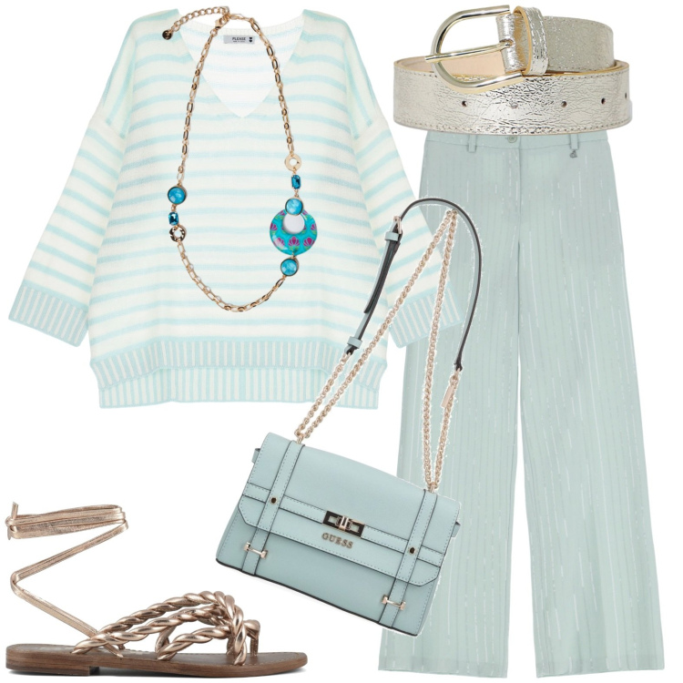 Outfit donna - Casual. Stile Casual per Tutti i giorni. Abbinamento con pullovers, cinture, pantaloni, sandali, ciondoli, borse a tracolla.