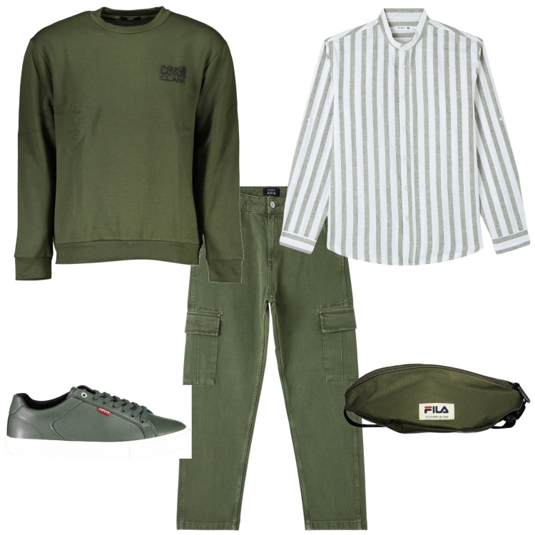 Outfit uomo - Gita fuori porta. Stile Urban per Tutti i giorni. Abbinamento con camicie, pantaloni cargo, felpe, scarpe sportive, borse sportive.